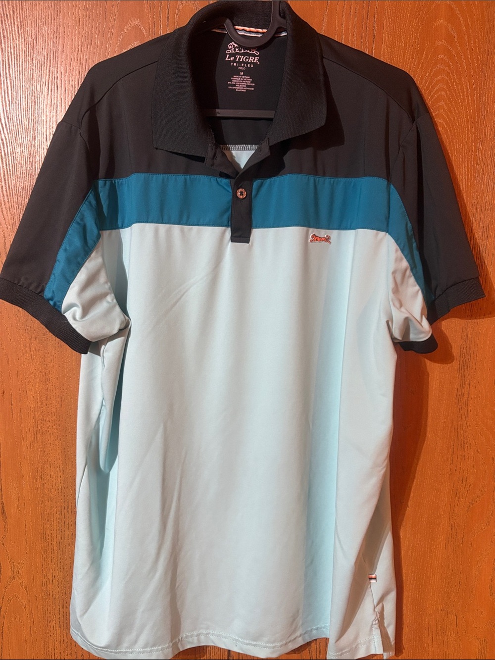Le Tigre Men's Light Blue Polo with Teal and Black Panels